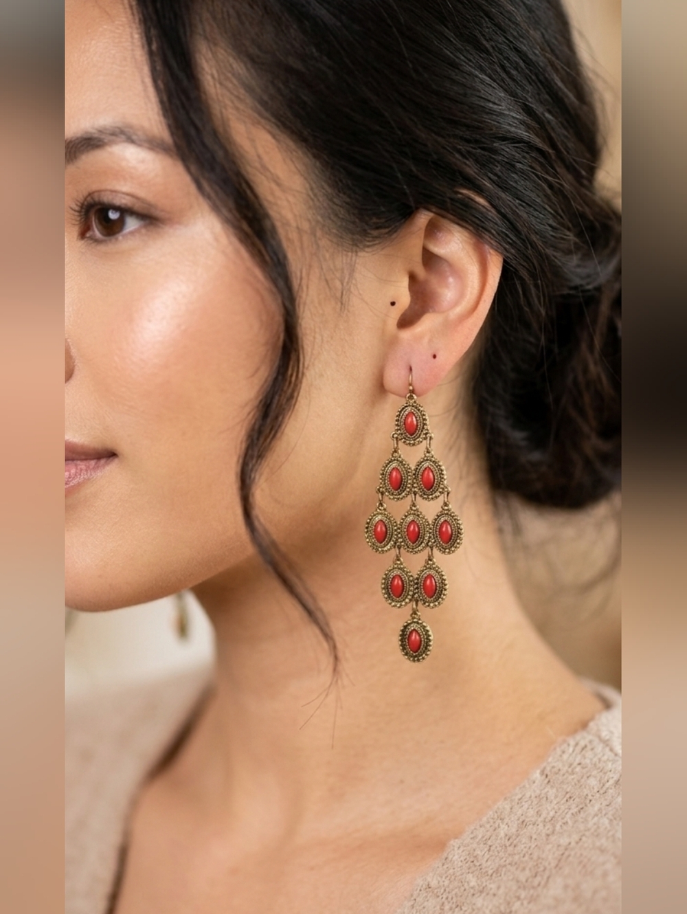 Sonoma NWT Elegant Gold-Tone Red Teardrop Chandelier Earrings